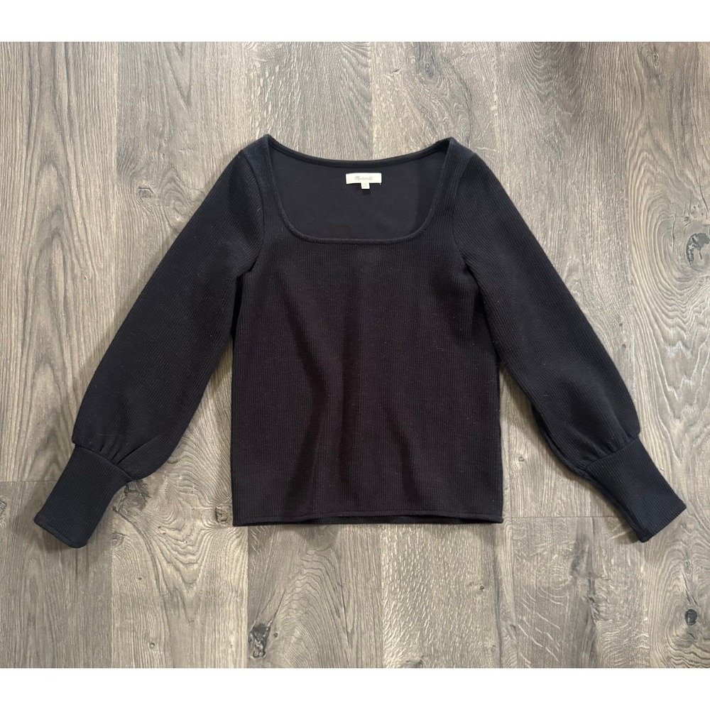 Madewell Square Neck Puff Sleeve Sweater XS Black Ribbed Knit NWOT